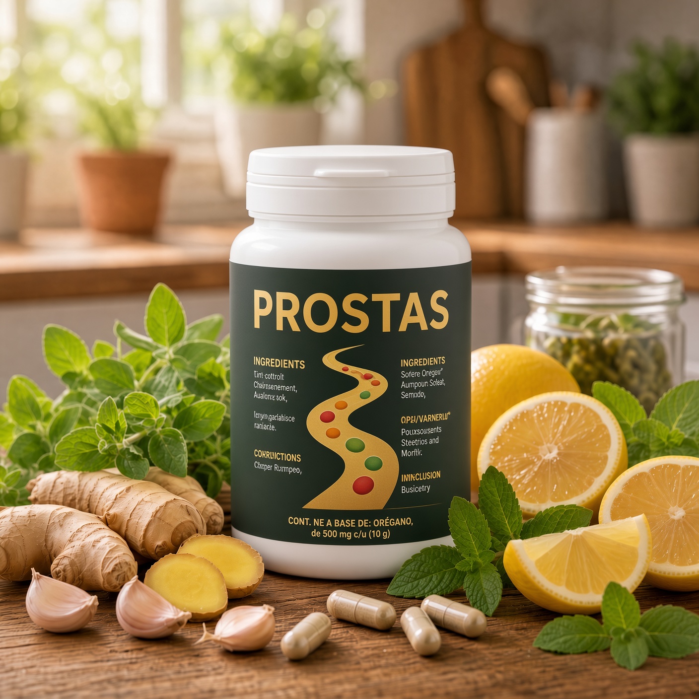 Recipientul Prostas alături de ingrediente naturale